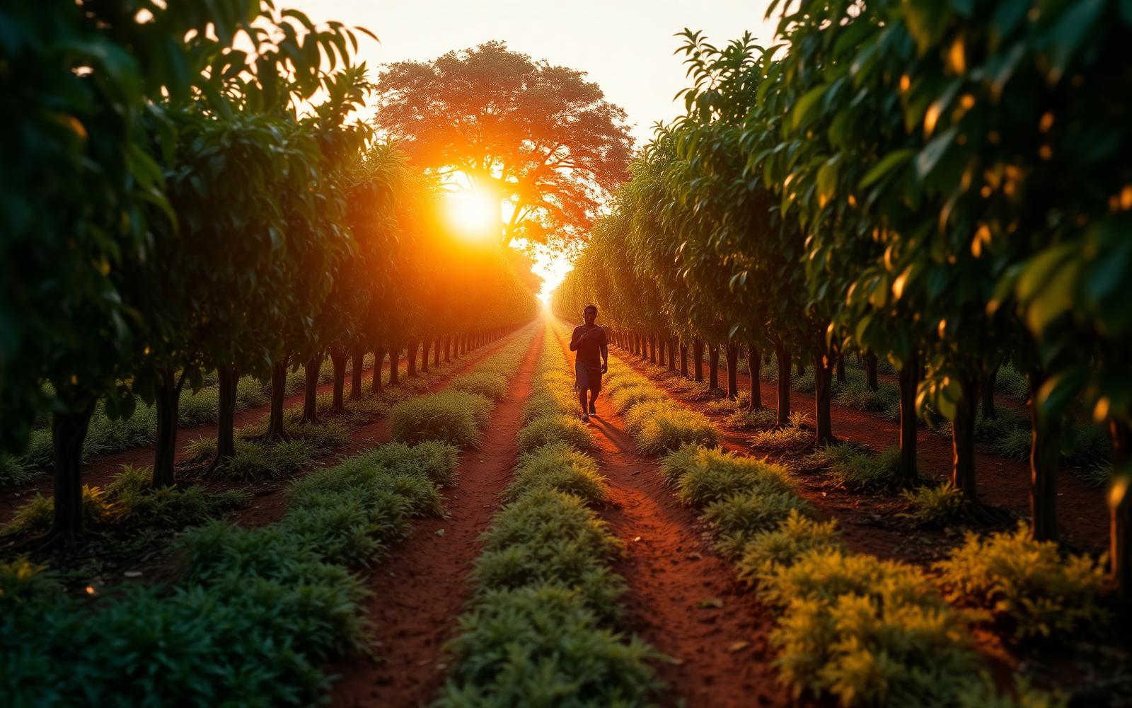 Plantation de noix de cajou en Côte d'Ivoire au coucher du soleil